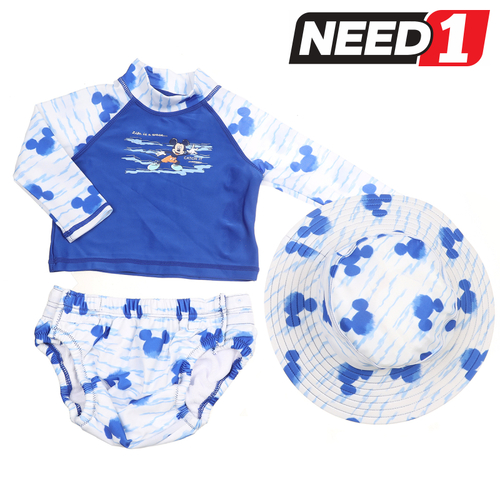 3pc Baby's Mickey Mouse Swimwear Set: Rash Vest, Swim Nappy & Bucket Hat