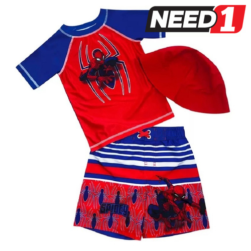 3pc Boy's Spiderman Swimwear Set: Rash Vest, Short & Bucket Hat