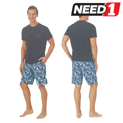 Men's Short Cotton Pyjama Set: Crew Neck Tee & Short with Pockets
