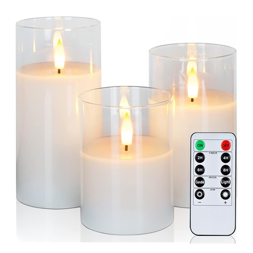 3pcs Clear Glass Flickering Flameless LED Candles with Realistic Dancing Flame & Remote Control